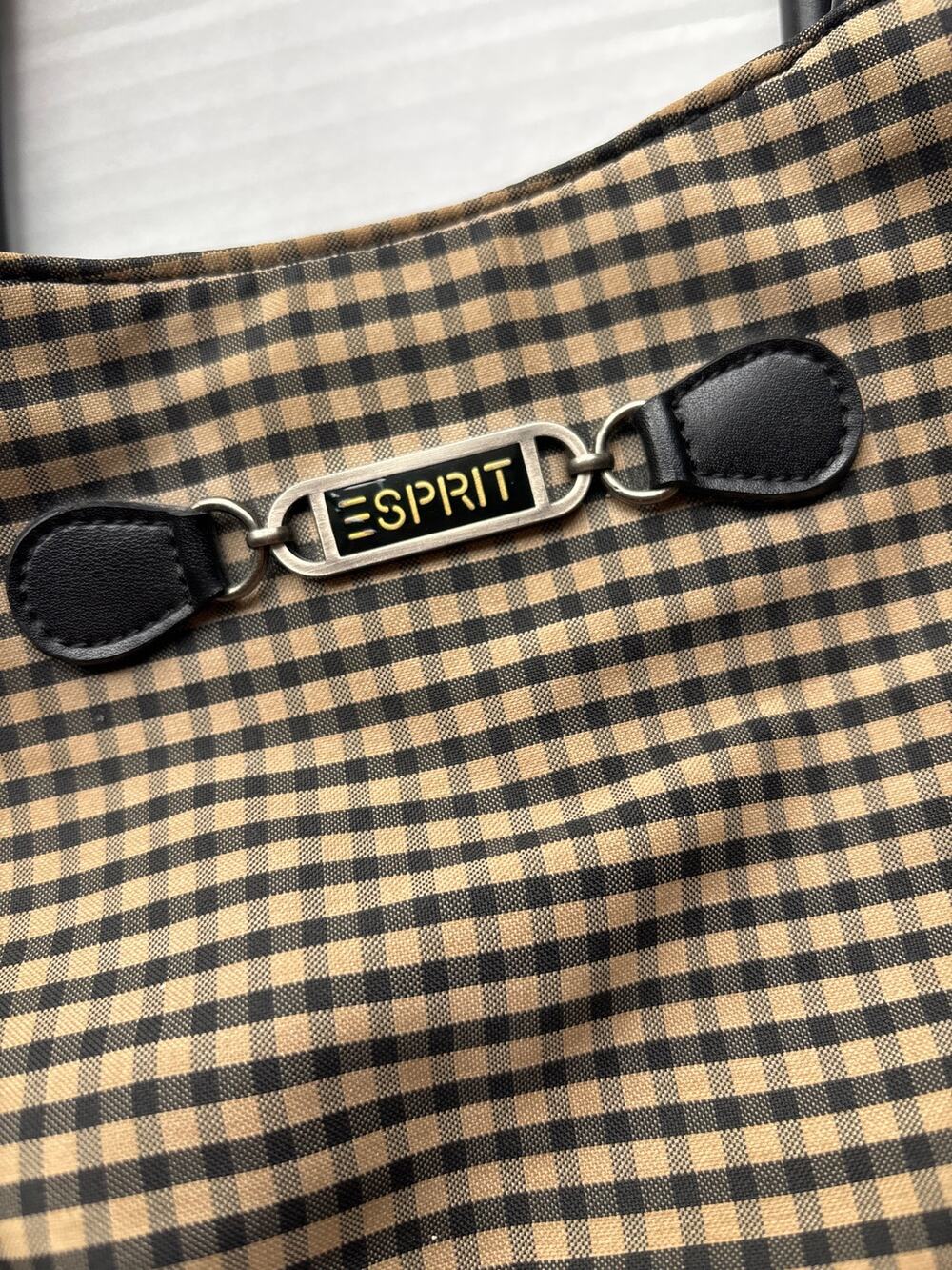 Vintage 90s Esprit Black Tan Gingham Checkered Shoulder Bag Corner Trim Detail